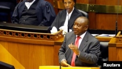 Newly-elected President of South Africa Cyril Ramaphosa addresses lawmakers in parliament, in Cape Town, South Africa, Feb. 15, 2018. 