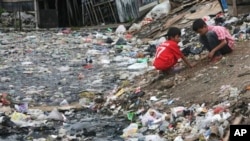 Anak-anak bermain di tepi sungai yang dipadati sampah di Jakarta. (Foto: Dok)
