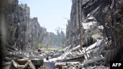 A general image taken on April 6, 2015, shows destruction at the Yarmouk Palestinian refugee camp near the Syrian capital, Damascus.