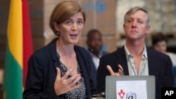 U.S. Ambassador to the United Nations Samantha Power speaks during a news conference following her visit to the U.N. Mission for Ebola Emergency Response (UNMEER) in Accra, Ghana, Oct. 29, 2014.