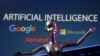 Imagen de archivo de una ilustración que muestra los logotipos de Google, Microsoft y Alphabet, junto al texto: "Inteligencia Artificial".