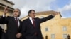 Portugal's Defense Minister Jose Pedro Aguiar-Branco, left, welcomes U.S. Defense Secretary Leon Panetta, to the Ministry of Defense, Forte de Sao Juliao da Barra, in Lisbon, Portugal, on January 15, 2013.