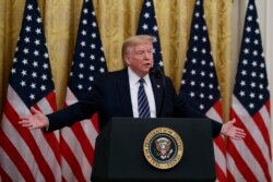 President Donald Trump speaks about protecting seniors, in the East Room of the White House, April 30, 2020, in Washington.