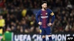 Lionel Messi, l'attaquant argentin de Barcelone lors du match de quart de finale aller de l'UEFA Champions League contre l'AS Roma au stade Camp Nou de Barcelone, le 4 avril 2018.