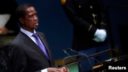 Le président de la Zambie, Edgar Lungu, s'adresse à la 74e session de l'Assemblée générale des Nations unies au siège de l'ONU à New York, le 25 septembre 2019. 