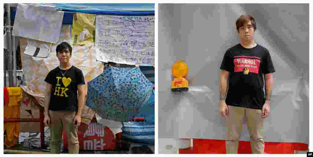 This combination of photos show Tabris Ho, a salesperson, (l) posing for a portrait with his "I love HK" T-shirt on a main road in the occupied areas at Causeway Bay district in Hong Kong, on Oct. 10, 2014, and (r) Ho posing for a portrait near a subway station in Hong Kong almost one year later on Sept. 27, 2015.