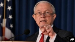 FILE - U.S. Attorney General Jeff Sessions delivers remarks about defending national security, at the U.S. Attorney's Office for the Southern District of New York, Nov. 2, 2017. 