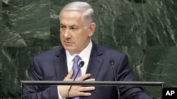 PM Israel Benjamin Netanyahu saat menyampaikan pidatonya di hadapan Sidang Majelis Umum PBB hari Senin (29/9).
