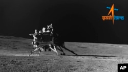 FILE - This image provided by the Indian Space Research Organisation (ISRO) shows Vikram lander as seen by the navigation camera on Pragyan Rover on Aug. 30, 2023.