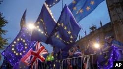 Pengunjuk rasa pro-Uni Eropa melambaikan bendera-bendera di seberang parlemen, di London, Inggris, 9 September 2019. 