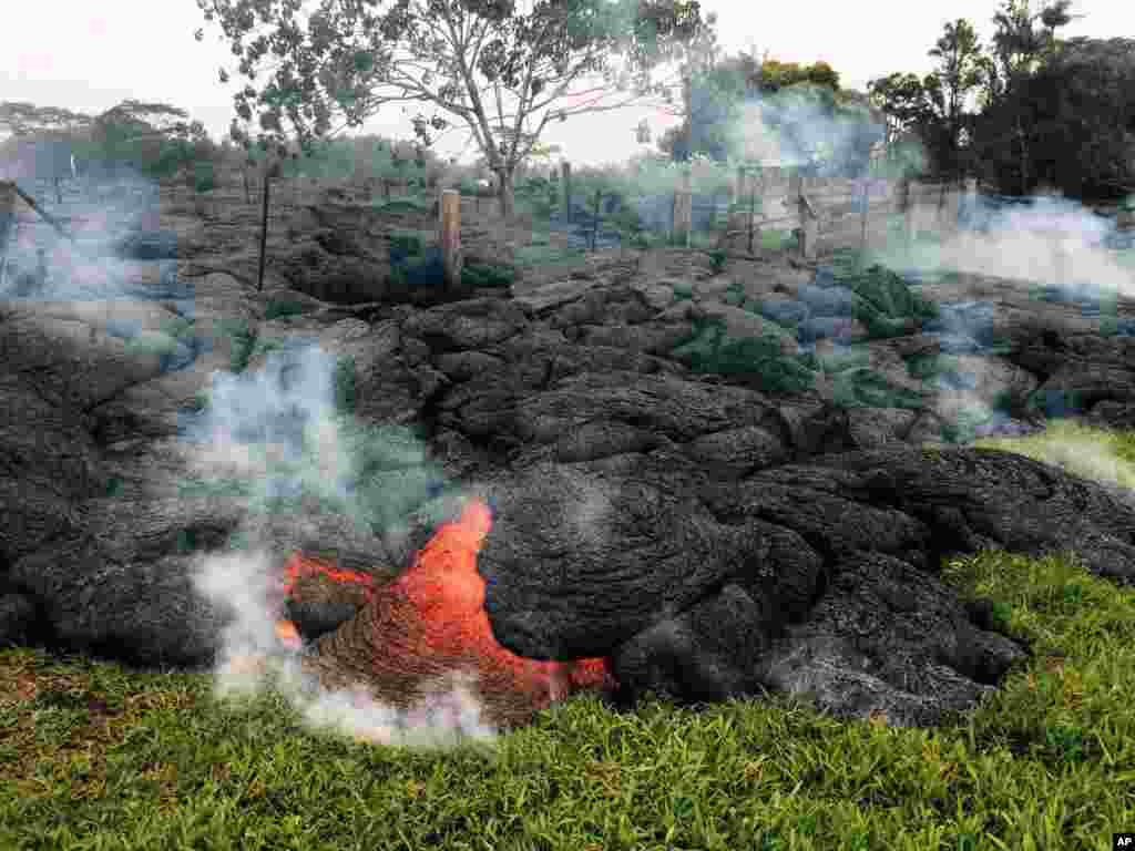 This photo provided by the U.S. Geological Survey shows the lava flow from an eruption that began June 27, as the lava flow remains active and continues to advance toward the northeast, threatening the town of Pahoa on the Big Island of Hawaii, Oct. 26, 2014.