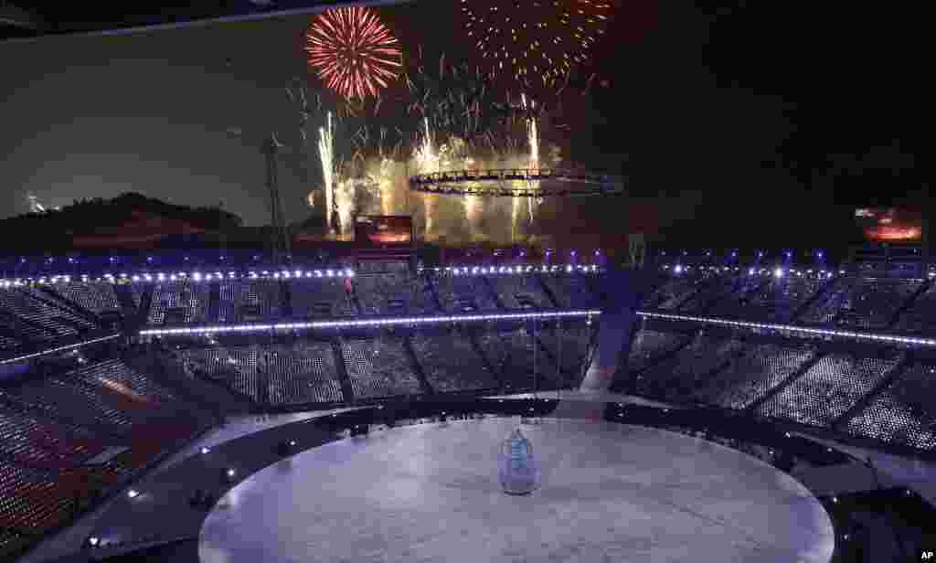 Fireworks are set off during the opening ceremony of the 2018 Winter Olympics in Pyeongchang, South Korea, Feb. 9, 2018.