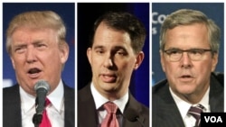 Dari kiri ke kanan: miliarder Donald Trump, Gubernur Wisconsin Scott Walker dan mantan Gubernur Florida Jeb Bush.