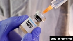  A woman holds a small bottle labbeled with a "Vaccine COVID-19" sticker and a medical syringe in this illustration taken April 10, 2020. REUTERS/Dado Ruvic/Illustration 
