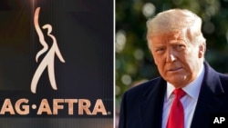 In this combination photo, the SAG-AFTRA logo appears on screen at the 26th annual Screen Actors Guild Awards on Jan. 19, 2020, in Los Angeles and President Donald Trump walks to board Marine One on the South Lawn of the White House on Jan. 12, 2021.
