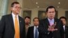 Cambodian Prime Minister Hun Sen (R) talks to the press with Sam Rainsy (L) president of the Cambodia National Rescue Party (CNRP), after the National Assembly vote to select the members of National Election Committee in Phnom Penh, Cambodia on April 9th, 2015. (Nov Povleakhena/VOA Khmer) 