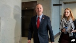 Rep. Adam Schiff, Chairman of the House Intelligence Committee arrives for a joint committee deposition with Ambassador Gordon Sondland, with the transcript to be part of the impeachment inquiry into President Donald Trump, on Capitol Hill, Oct. 8, 2019. 