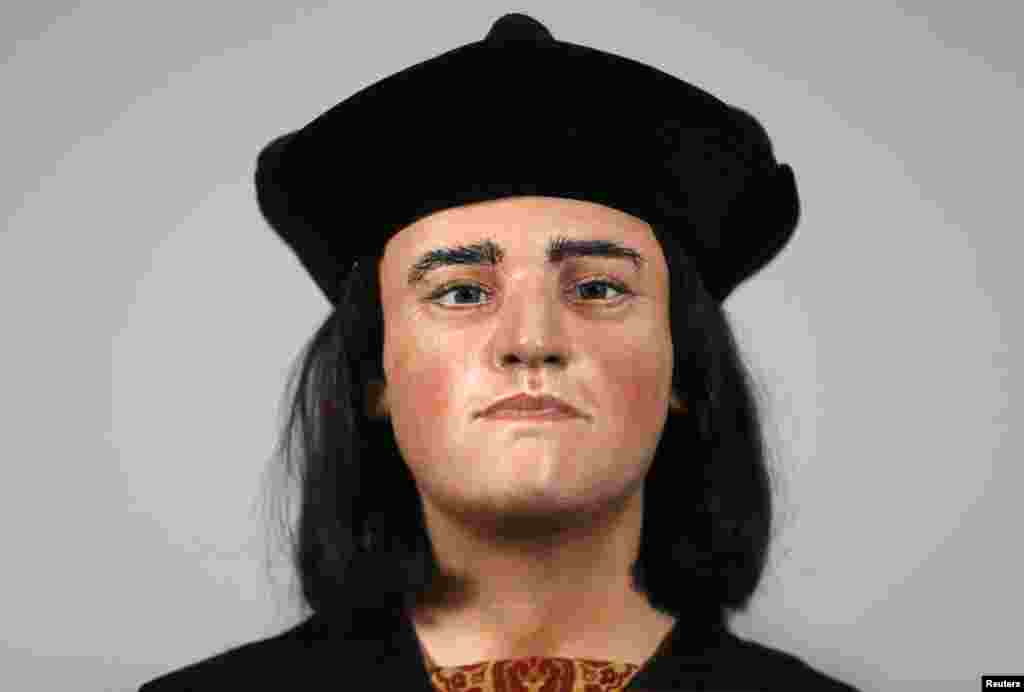 A facial reconstruction of King Richard III is displayed at a news conference in London, February 5, 2013.