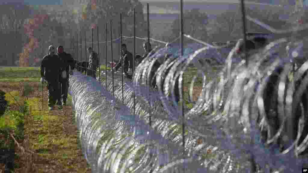 Une clôture en fil barbelé déployées par la police pour barrer la route aux migrants à la frontière croate, Gibina, Slovénie, 11 novembre 2015. 