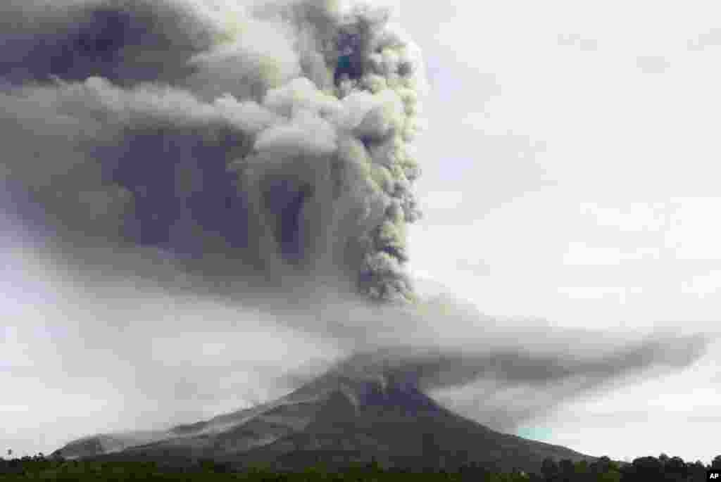Gunung Sinabung di kabupaten Karo memuntahkan bahan vulkanik saat meletus, seperti terlihat di Tiga Pancur, Sumatera Utara (18/11). (AP/Mafa Yuli Ramadani)